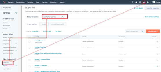 HubSpot Settings page showing Properties and Contact Properties