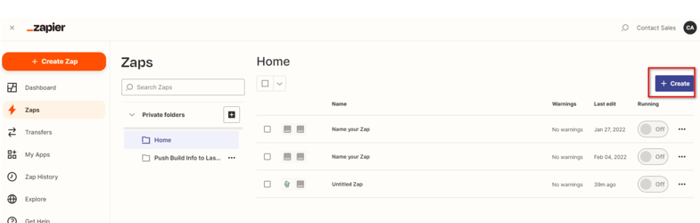 Zapier homepage with the Create button highlighted