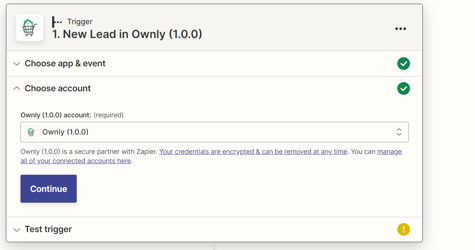 Selecting the Ownly account for the Zap