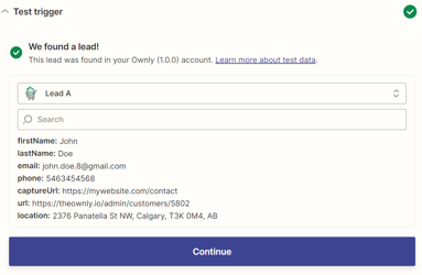 Testing the Ownly trigger connection in Zapier