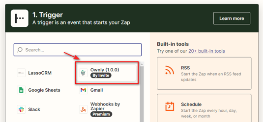 Selecting Ownly as the Trigger App in Zapier