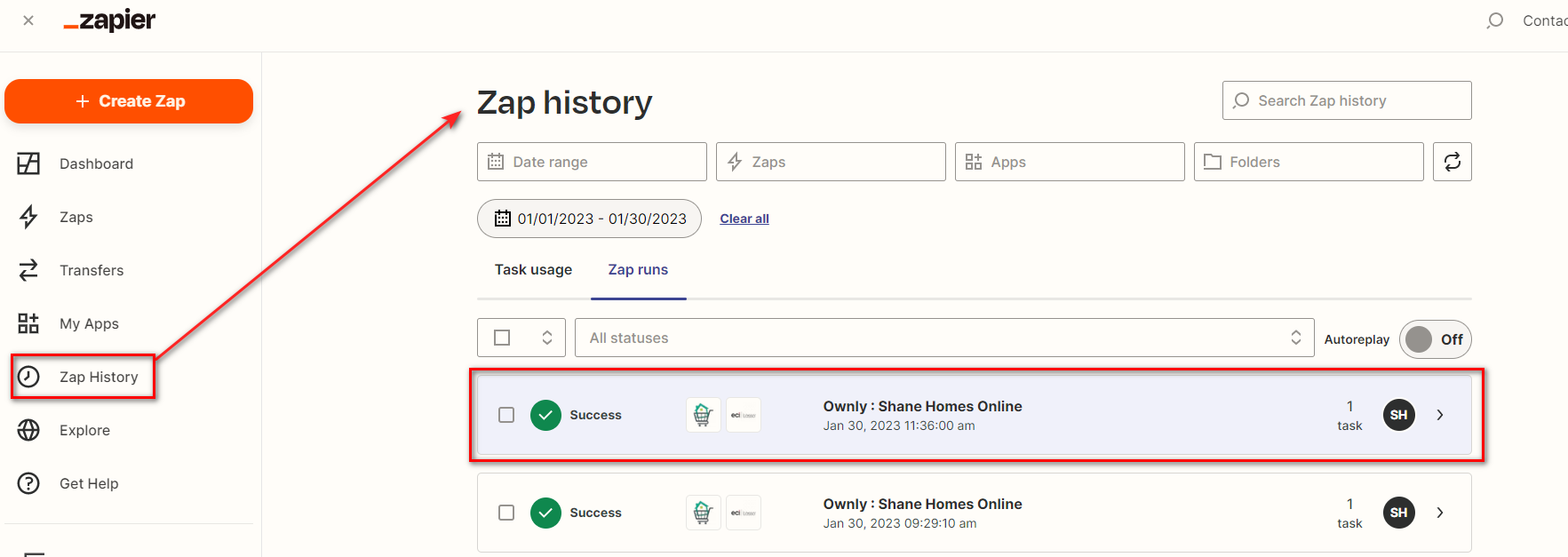 Zapier Zap History showing successful data pushes to Lasso